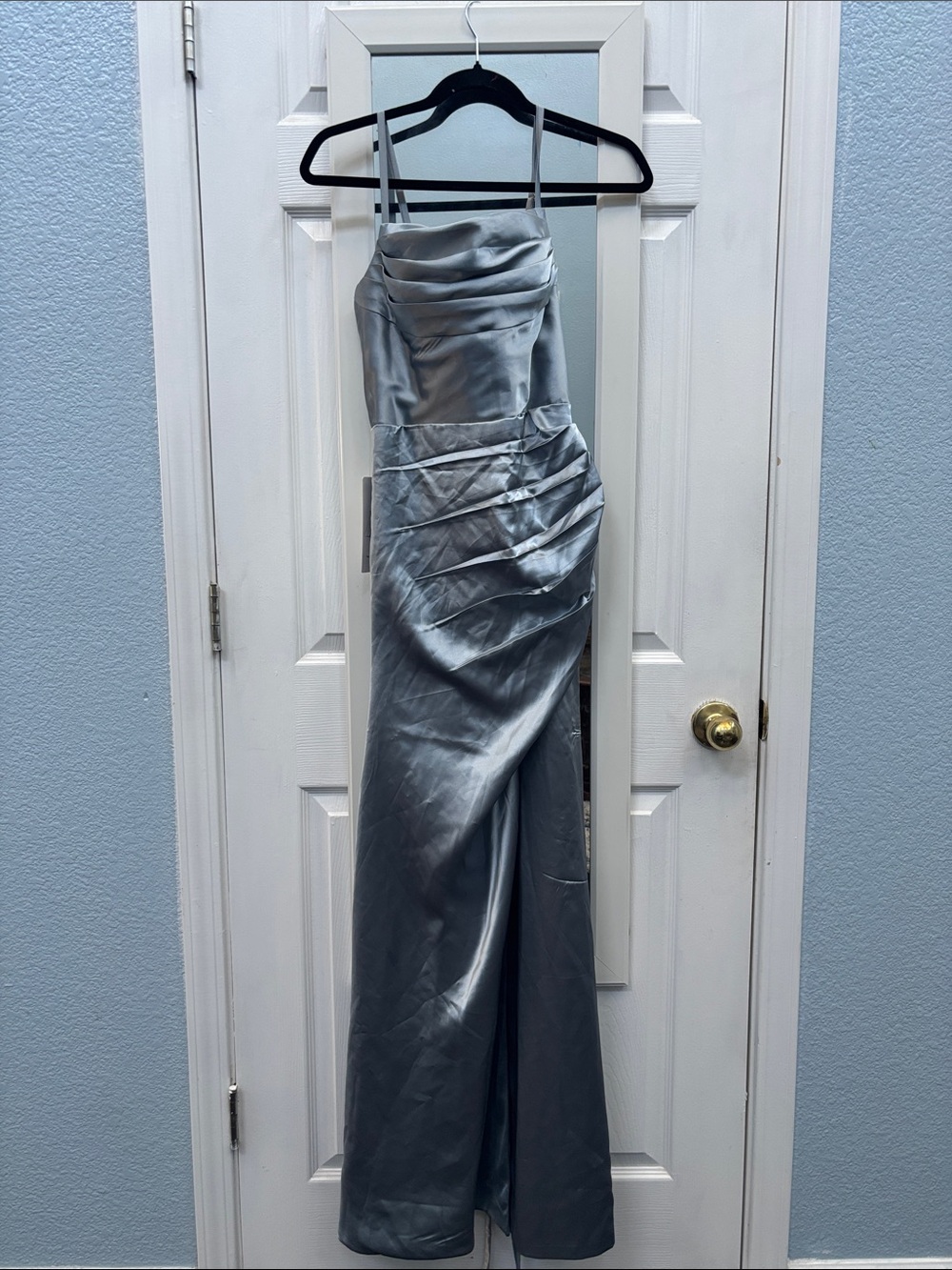 Silver Satin Prom Dress with Draped Detail